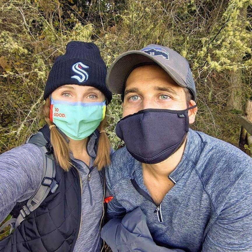 Masked up for a Bellingham hike! We started dating at the start of the pandemic and spent most of our first dates outdoors