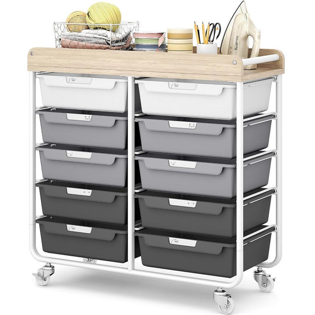 10 Drawers Rolling Cart with Wooden Tabletop, Utility Storage Cart with Wheels, Art Supply Craft Organizer on Wheel with Metal Frame & Handles for Home Office School,Grey