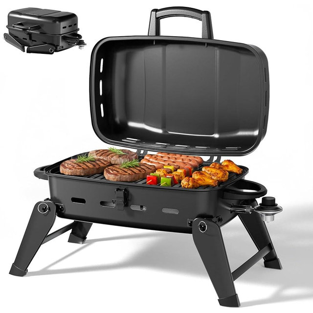 MASTER COOK 10,000 BTU Portable Gas Grill, Outdoor Compact Tabletop BBQ Propane Grill with Foldable Legs for RV, Hiking, Camping, Patio, Tailgating