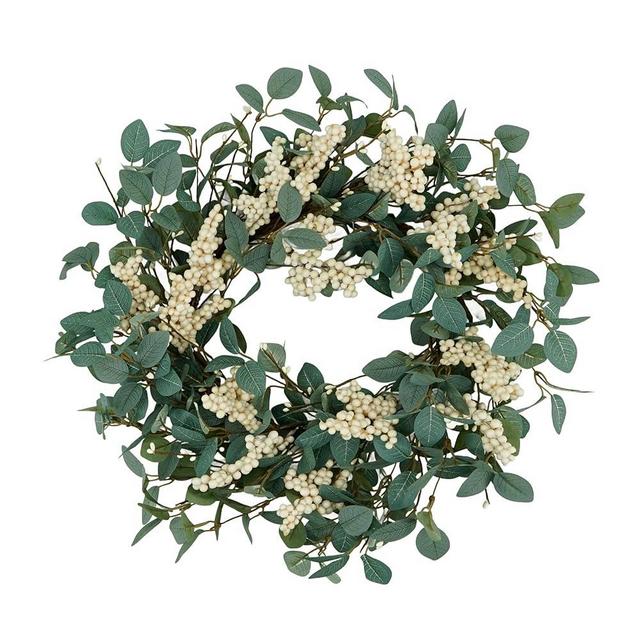 YNYLCHMX 18" Spring Summer Wreaths for Front Door, Artificial Floral Wreath with White Berries and Eucalyptus Leaves, Green Foliage Wreath for Wall Window Farmhouse Party Holiday Home Decor
