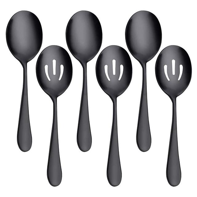 Serving Spoons x 3, Slotted Spoons x 3, AOOSY Matte Black 8.7 inches Utility Advanced Performance Skimmer Perforated, 8 3/4" Stainless Steel Serving Spoons Set for Buffet Can Banquet Cooking Kitchen