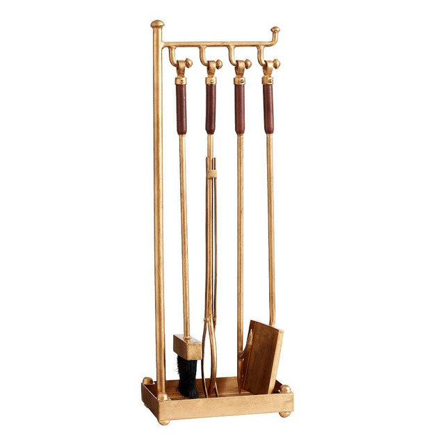Industrial 5-Piece Fireplace Tool Set - Brass
