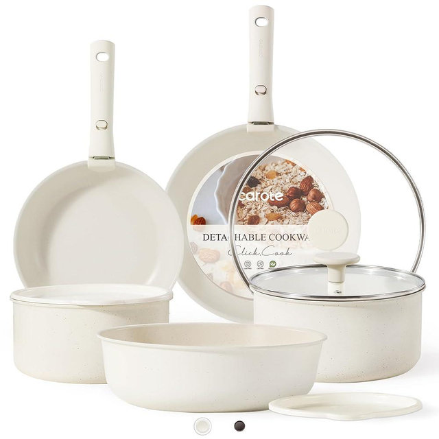 CAROTE Pots and Pans Set Non Stick, Oven/Dishwasher Safe Cookware Set, 11pcs Nonstick Induction Kitchen Cookware Sets Non Stick with Removable Handle, RV Cookware Set, Detachable HandleSet, White