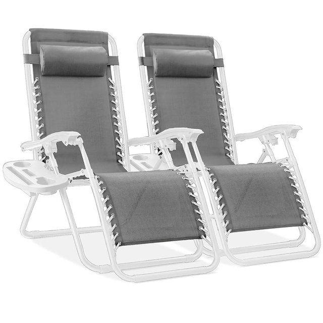 Best Choice Products Set of 2 Adjustable Steel Mesh Zero Gravity Lounge Chair Recliners w/Pillows and Cup Holder Trays - Ice Gray/White