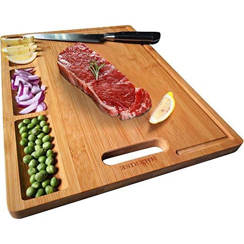 HHXRISE Organic Bamboo Cutting Board For Kitchen, With 3 Built-In Compartments And Juice Grooves, Chopping Board For Meats Bread Fruits, Butcher Block, Carving Board, BPA Free (M-15.2x10.5")