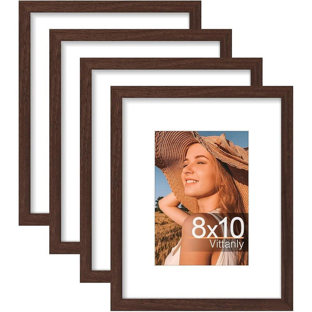 Vittanly 8x10 Picture Frame Set of 4, Display Pictures 5x7 with Mat or 8x10 without Mat, Engineered Wood with Shatter Resistant Plexiglass, Wall Gallery Photo Frames for Wall or Tabletop, Brown