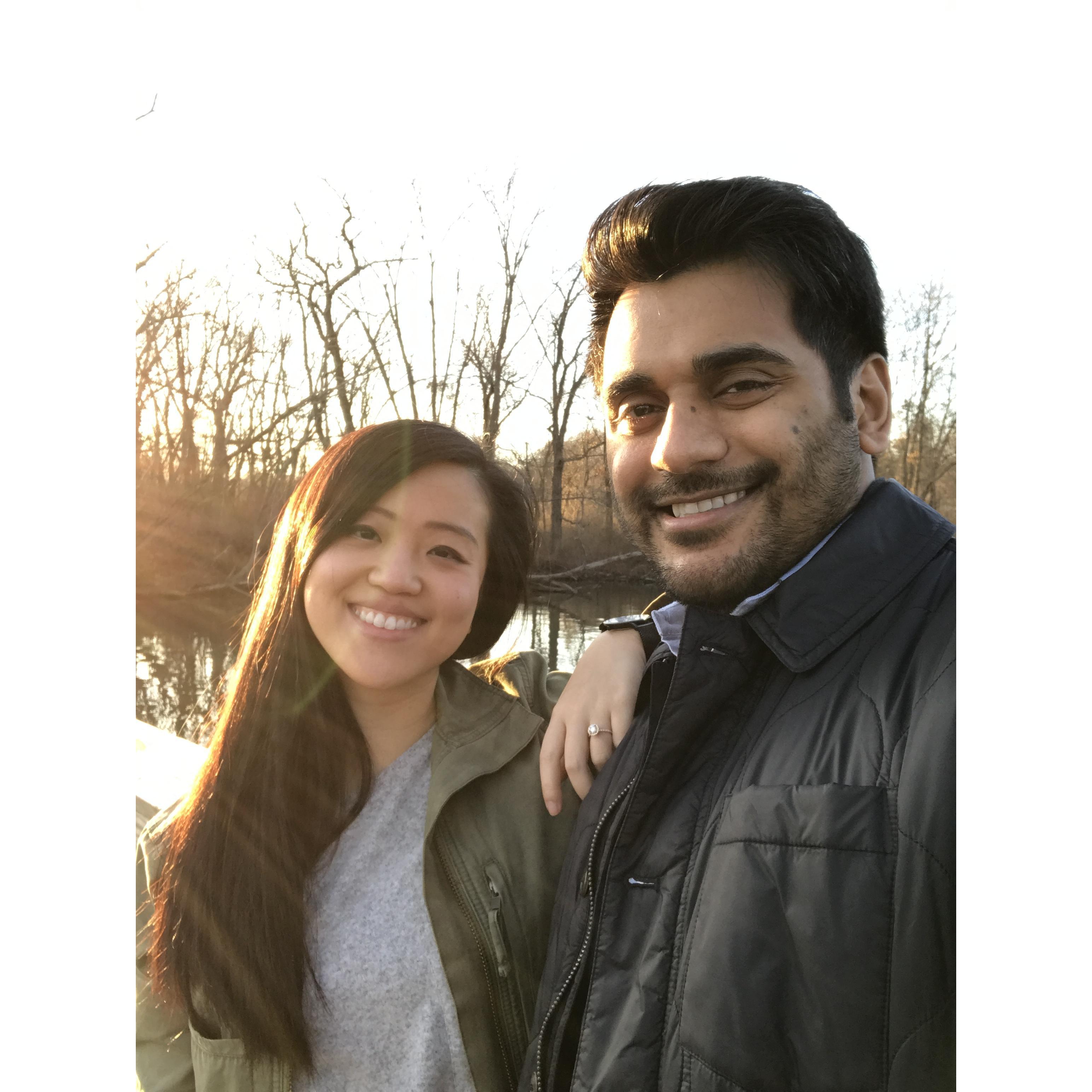 Just engaged - Raj popped the question during their usual hike by the canal in Princeton