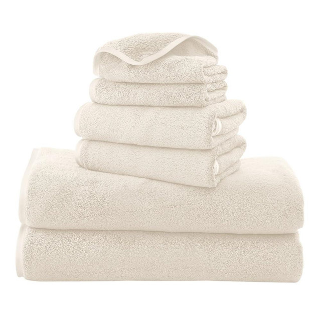 TENSTARS Luxury Silk Hemming Towel Set - Light Thin Quick Drying - 2 Bath Towels 2 Hand Towels 2 Washcloths - Ultra Soft Microfiber Towel for Bath Fitness, Sports, Yoga, Travel (Cream 6 Pieces)