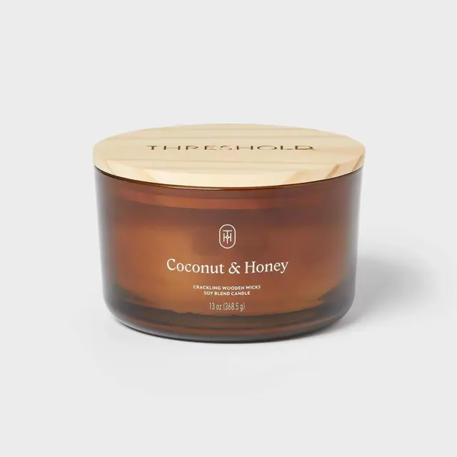 3-Wick Amber Glass Wooden Wick Coconut and Honey Jar Candle 13oz - Threshold™