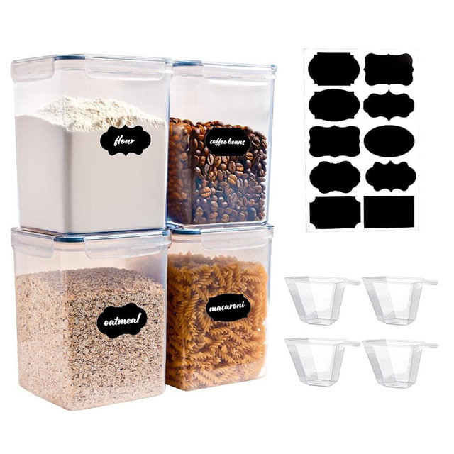 SUROQUE 4-Pack 5.2L Airtight Food Storage Containers, BPA-Free Plastic Canisters for Flour, Rice, Pasta & Cereal, Kitchen Pantry Organization with Lids, Labels & Measuring Cups