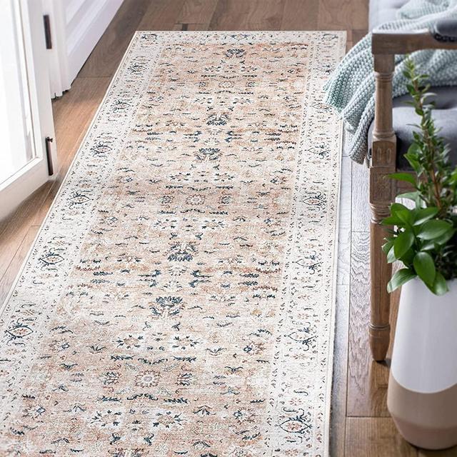 jinchan Area Rug 2x10 Runner Persian Rug Vintage Distressed Indoor Mat Foldable Thin Rug Blush Pink Floral Print Carpet Non Slip Boho Farmhouse Kitchen Living Room Bedroom Dining Room