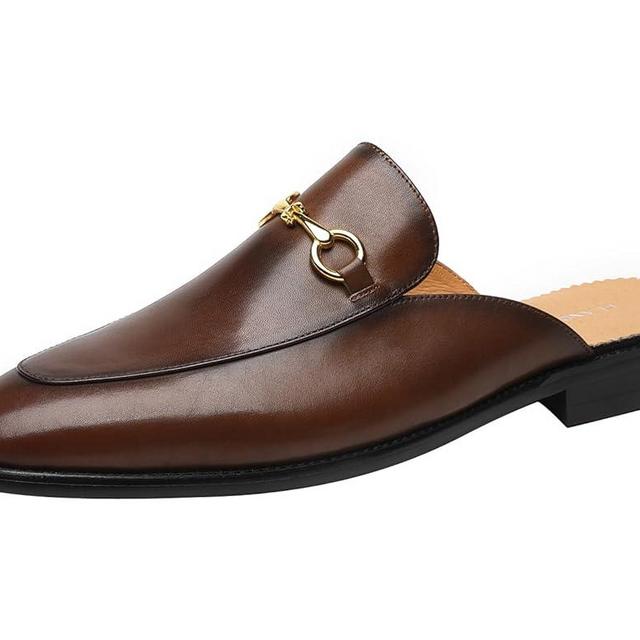 ELANROMAN Men's Loafers Backless Genuine Leather Mules Horse Buckle Shoes