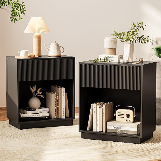 Fluted Nightstands Set of 2, Modern Bedside Table with Drawer and Storage Shelf, Wood End Table Mid Century Night Stands for Bedroom Living Room Sofa Couch Office (Black)