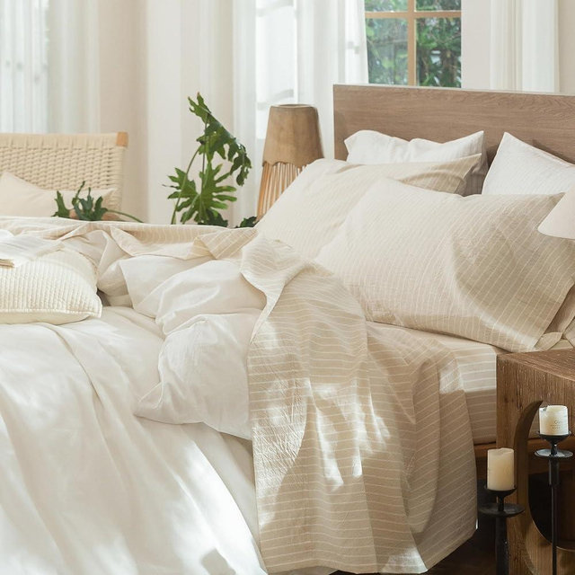 MooMee Striped Sheet Set 100% Washed Cotton Linen Like Textured Breathable Durable Soft Comfy (Almond Milk Grey White Wide Stripes, Queen)