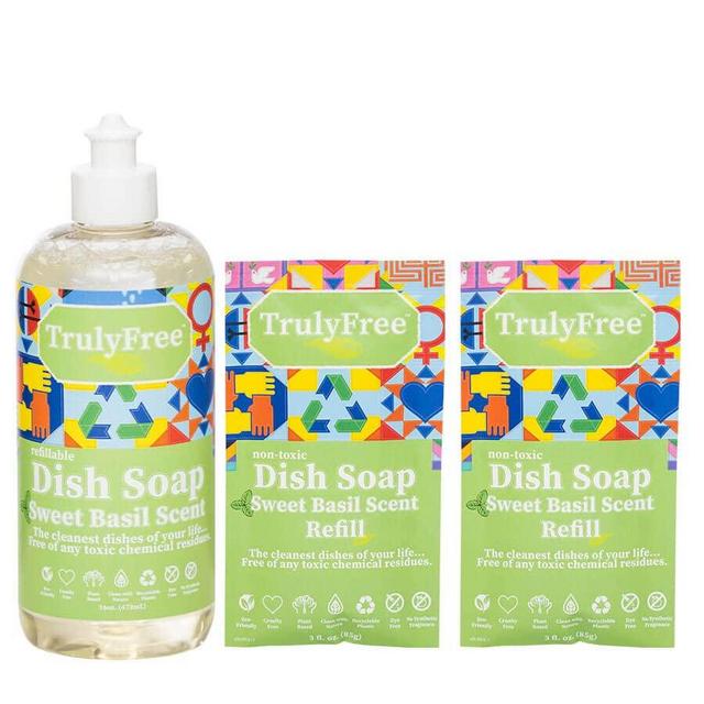 Truly Free Non-Toxic Natural Liquid Dish Soap | Long-Lasting, Sweet Basil Fresh Scent | Includes: 1 Empty Refill Squeeze Bottle (16oz), 2 Refill Packs
