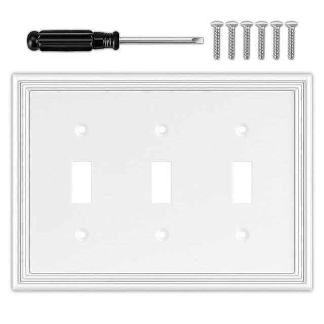 White Decorative Triple Toggle Light Switch Covers Wall Plate, Natural Bamboo Fiber Material Switch Plate Covers - Modern Style (3 Gang Toggle 1 Pack)