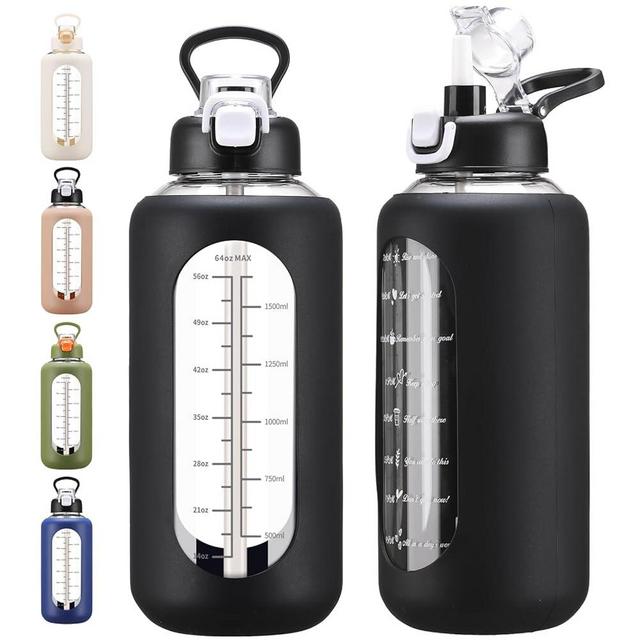 chunmo 64 oz Glass Water Bolttles with Straw Half Gallon Large Motivational Water Bottle with Time Marker Sports Water Bottles with Silicone Sleeve and Handle Lid Water Jug for Gym Workout