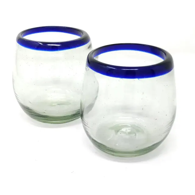Dos Sueños Mexican Hand Blown Stemless Wine Glasses - Blue Rim - 15oz - Set of 2
