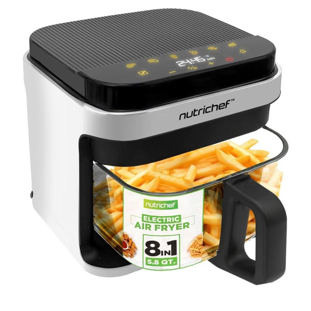 Nutrichef 5.8 Quart Air Fryer | 8-1 Preset Cook Modes | Transparent Fry Bowl for Best Cooking Results | Cook Shrimp, Steak, Fries, Wings, Chicken & More | Precise Temperature Control & Time | White