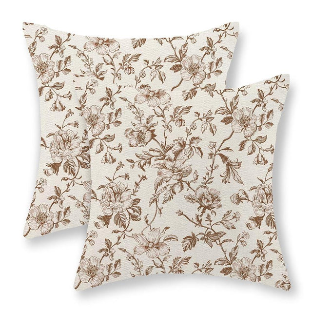 JEFERSO Brown Floral Pillow Covers 18x18 Set of 2 Brown and Cream Chinoiserie Floral Decorative Throw Pillows Vintage Rustic Toile Flower Pillowcase Outdoor Decor Linen Cushion Covers for Couch Sofa
