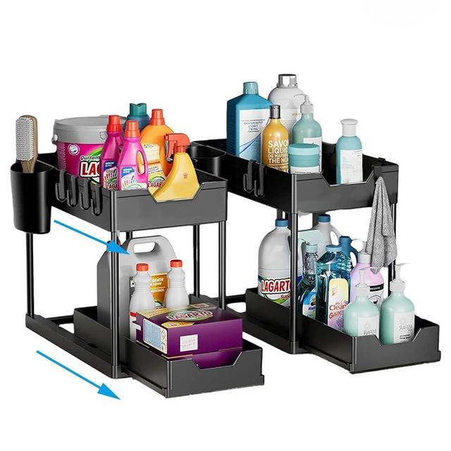 Meegoo 2 Pack Under Sink Organizer, 2-Tier Double Sliding Organizers and Storage, Multi-purpose Storage for Kitchen Bathroom Under Sink Cabinet Desktop, with 8 Hooks and 2 Cups (Black)