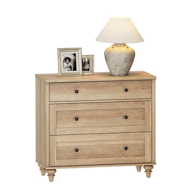 WAMPAT Farmhouse End Table with 3 Drawers, Large Wood Bedside Table Night Stand, Wide Sofa Side End Table 3 Drawers Chest of Dresser for Living Room, Bedroom, Oak, 34 inch(1psc)
