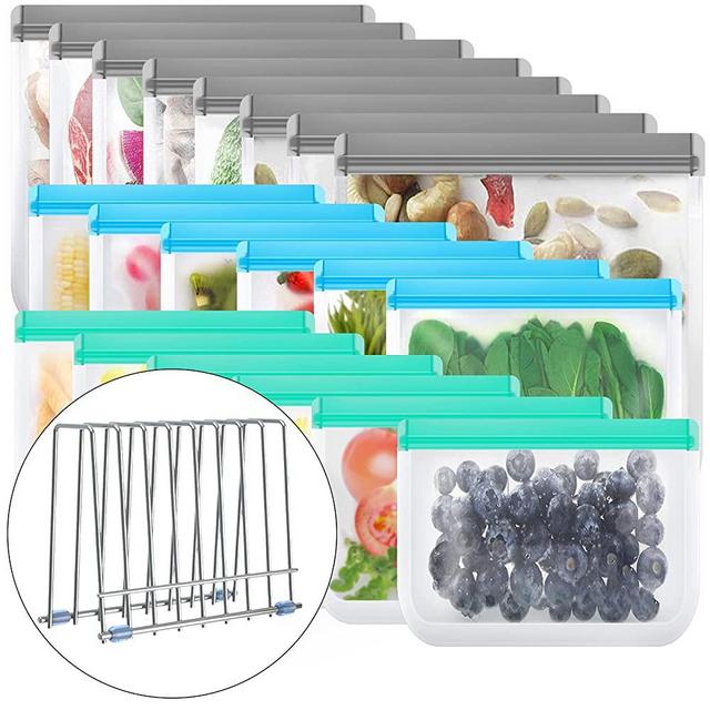 Reusable Storage Bags,20 Pack BPA Free Reusable Freezer Bags (6 Reusable Sandwich Bags, 6 Reusable Snack Bags, 8 Reusable Gallon Bags), Leakproof Reusable Silicone Food Bags