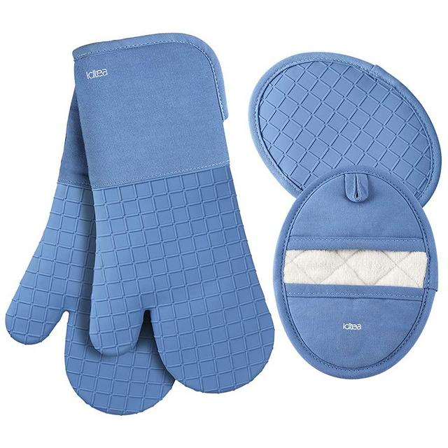 LDTEA Oven Mitts and Pot Holders Sets, 600°F Heat Resistant Platinum-Grade Silicone Oven Mitts, Soft Cotton Terry Oven Mitt, Anti-Slip Oven Gloves and Pot Holders for Kitchen, Baking, BBQ, 4 Pieces