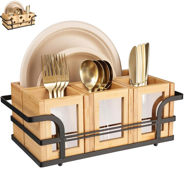 OTTENON Silverware Caddy Wood Utensil Holder Cutlery Flatware Paper Plate Dispenser Organizer for Spoons Forks Plates Napkins (Acrylic)