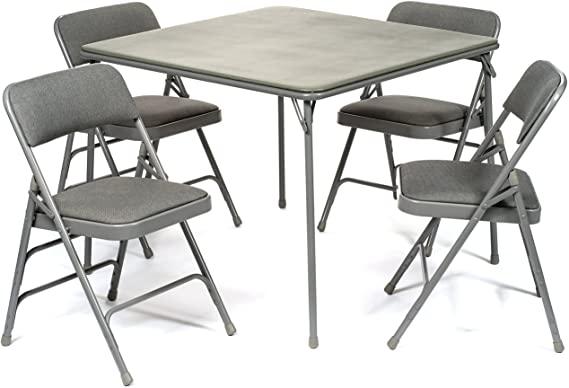 XL Series Folding Card Table and Fabric Padded Chair Set (5pc) - Comfortable Padded Upholstery - Fold Away Design, Quick Storage and Portability - Premium Quality (Grey)