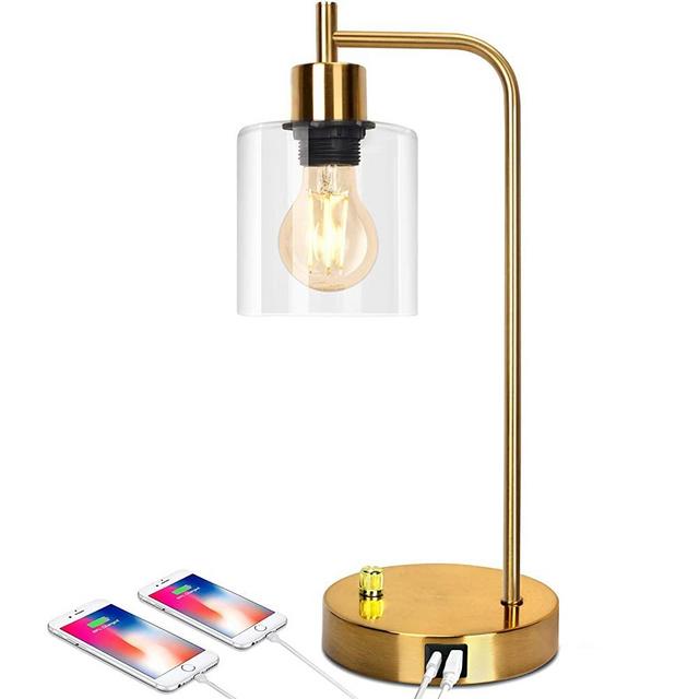 Gold Industrial Table Lamp, Elizabeth Vintage Office Desk Lamp, Dimmable Bedside Reading Lamp, Brass Metal Midcentury Lamp for Bedroom Living Room, 2 USB Charging Ports E26 Edison LED Bulb Glass Shade