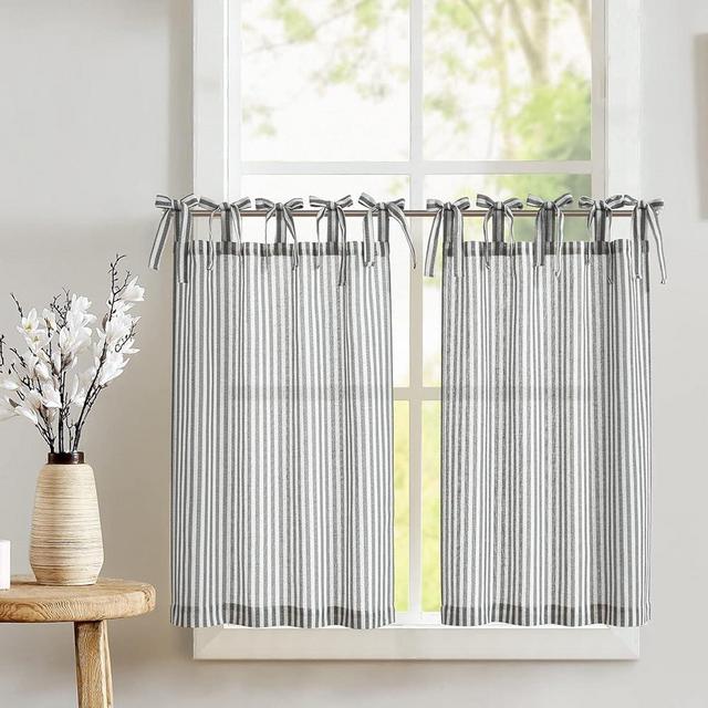 jinchan Tie Top Linen Kitchen Curtains 24 Inch Length Striped Tier Curtains Ticking Stripe Small Drapes for Living Room Bathroom Cafe Small Window Farmhouse Rustic Pinstripe Rod Pocket 2 Panels Black