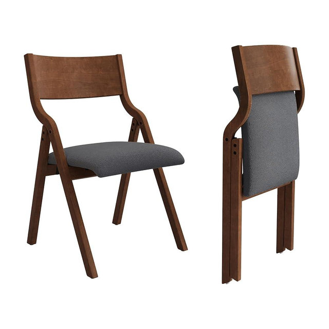 Ball & Cast Upholstered Folding Dining Chairs Set of 2, Foldable Wooden Chair 2-Pack, Portable Office-Chair for Kitchen Outdoor Activity, Easy Carry & Storage, Walnut+Grey