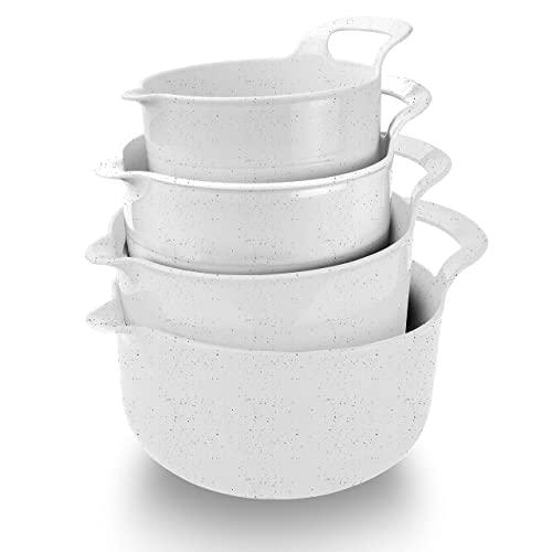 Cook with Color Mixing Bowls - 4 Piece Nesting Plastic Mixing Bowl Set with Pour Spouts and Handles (Speckled White)