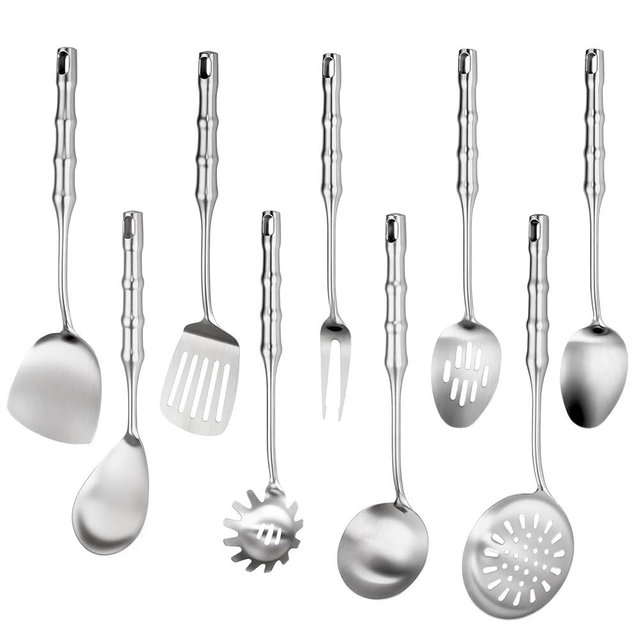 18/10 Stainless Steel Kitchen Utensils Set,9pcs Metal Cooking Utensils Set Cookware for Wok Tools,14 inch Long Heavy Duty Kitchen Tools Set for Chef