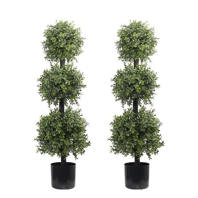38''T Outdoor Boxwood Triple Ball Topiary Potted Plant Anti-UV Front Door Decor 2Pack
