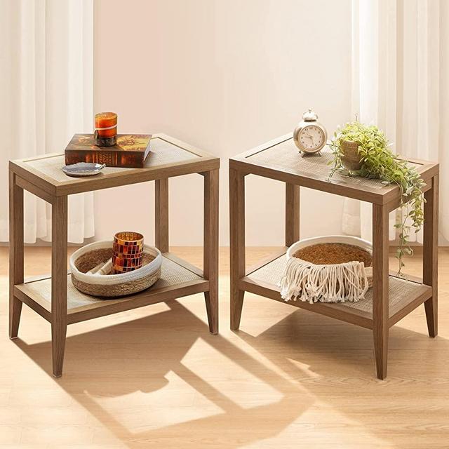 SICOTAS Rattan Nightstand Set of 2 Bedside Tables - Boho Narrow End Table Living Room Set of 2 - Farmhouse Accent Side Tables with 2 Rattan Open Storage Shelf for Bedroom, Small Spaces, Wood
