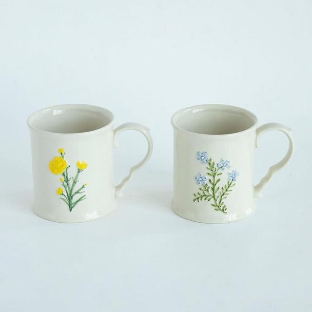 DELIGHTS GALORE 2 Pack Floral Ceramic Coffee Mugs - Yellow and Blue Flowers, Hand-Painted, Microwave & Dishwasher Safe, Ideal for Cappuccino, Tea, Hot Chocolate