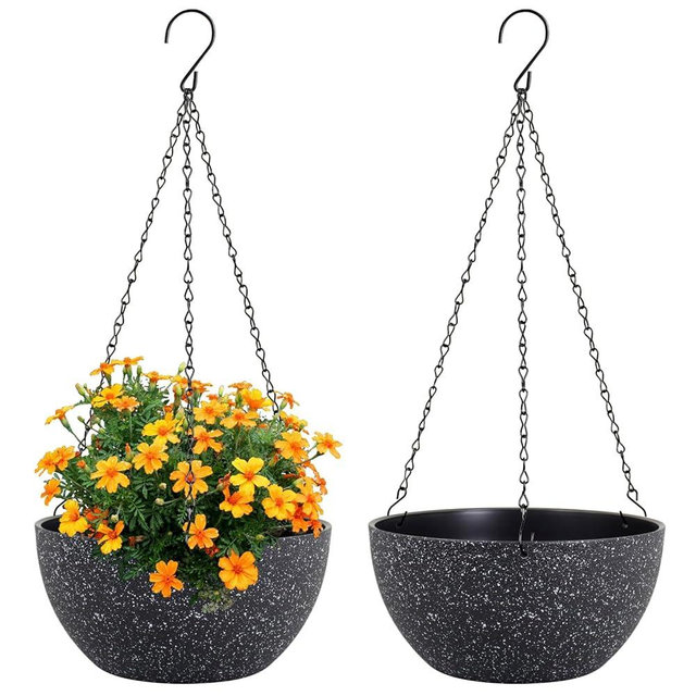 Meowell 10 inch Hanging Planters for Indoor Outdoor Plants, 2 Pack Hanging Flower Plant Pots with Drainage Holes and Chain for Garden Porch, Plastic Hanging Baskets for House Plants, Speckled Black