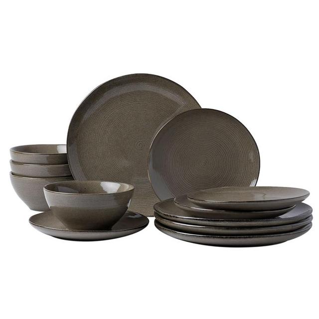 famiware Plates and Bowls Sets for 4, 12 Pieces Stoneware Dinnerware Sets, Dishes Set, Reactive Glaze Dishware Sets, Dishwasher & Microwave Safe, Tempus Series - Dark Olive