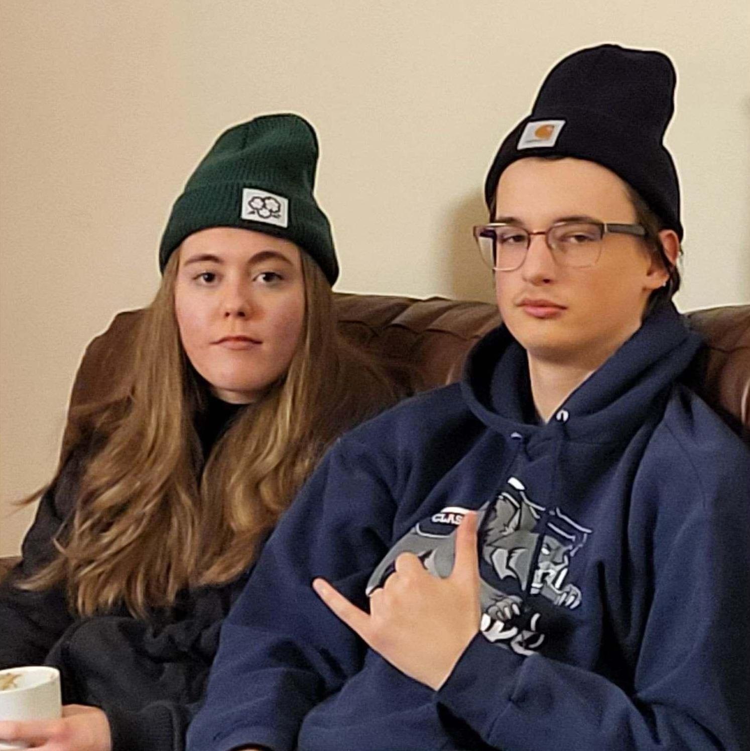 Trying on our new beanies on Christmas Eve 2023