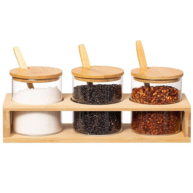Basicwise 3-Piece Glass Containers with Bamboo Lids and Tray Holder – Decorative Storage for Condiment Pots and Spice Jars - Coffee Station Accessories, Perfect Organizer for Home Kitchen or Café