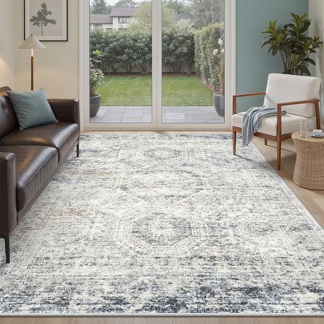 Soalmost 6x9 Area Rug for Living Room Washable 6x9 Non-Slip Modern Rugs for Bedroom Dinning Room Ultra-Thin Indoor Blue Ivory