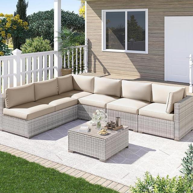 LOUVIXA 7 Piece Outdoor Patio Furniture Set, Outdoor Sectional Furniture, Rattan Chairs Glass Table Wicker Conversation Seating Sectional Sofa with Cushions (B-Grey White-Grey, B-Straight Back)