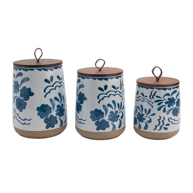 TTU Tabletops Gallery Ceramic Canister Collection- Stoneware Designed Kitchen Storage Acacia Wood White Set, 3 Piece Botanical Blue Canister Set
