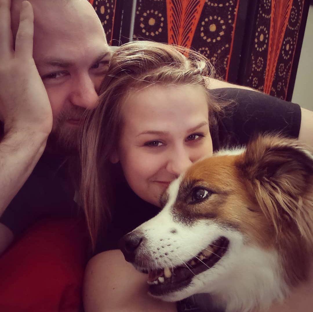 One of our first pictures together! Spending a Sunday watching Taskmaster and eating mozzarella sticks with our beloved dog, Fynn.