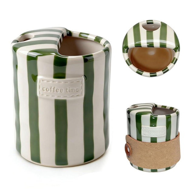 Foubret Ceramic Coffee Mug with Sip Hole,10oz Hand-Painted Striped Ceramic Mugs,Retro Art Ceramic Coffee Cups Espresso Cup with Leather Cup Sleeve,Ceramic Cup Gift for Coffee Lovers (Green)