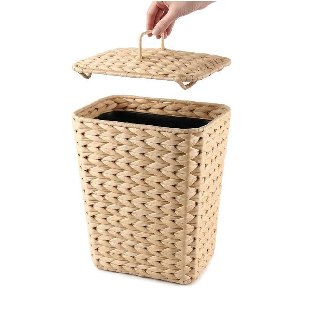 2.6 Gallon Wicker Trash Can with Lid, Handwoven Water Hyacinth Wastebasket with Removable Plastic Inner Bin, Small Decorative Rattan Trash Can for Bathroom Bedroom Office Kitchen