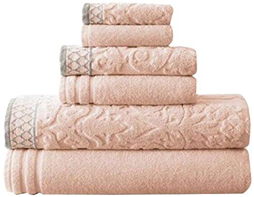Amrapur Overseas 6-Piece Damask Jacquard/Solid Ultra Soft 550GSM 100% Combed Cotton Towel Set with Embellished Borders [Peach]