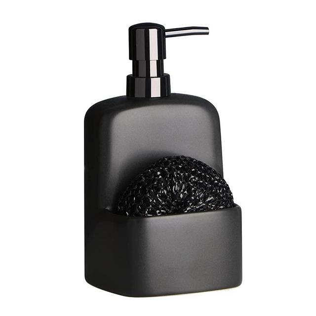 BosilunLife Dish Soap Dispenser - Black Ceramic Kitchen Soap Dispenser with Sponge Holder Matte Ceramic Soap Daddy Dispenser 20oz for Kitchen Soap Pump and Sponges Caddy